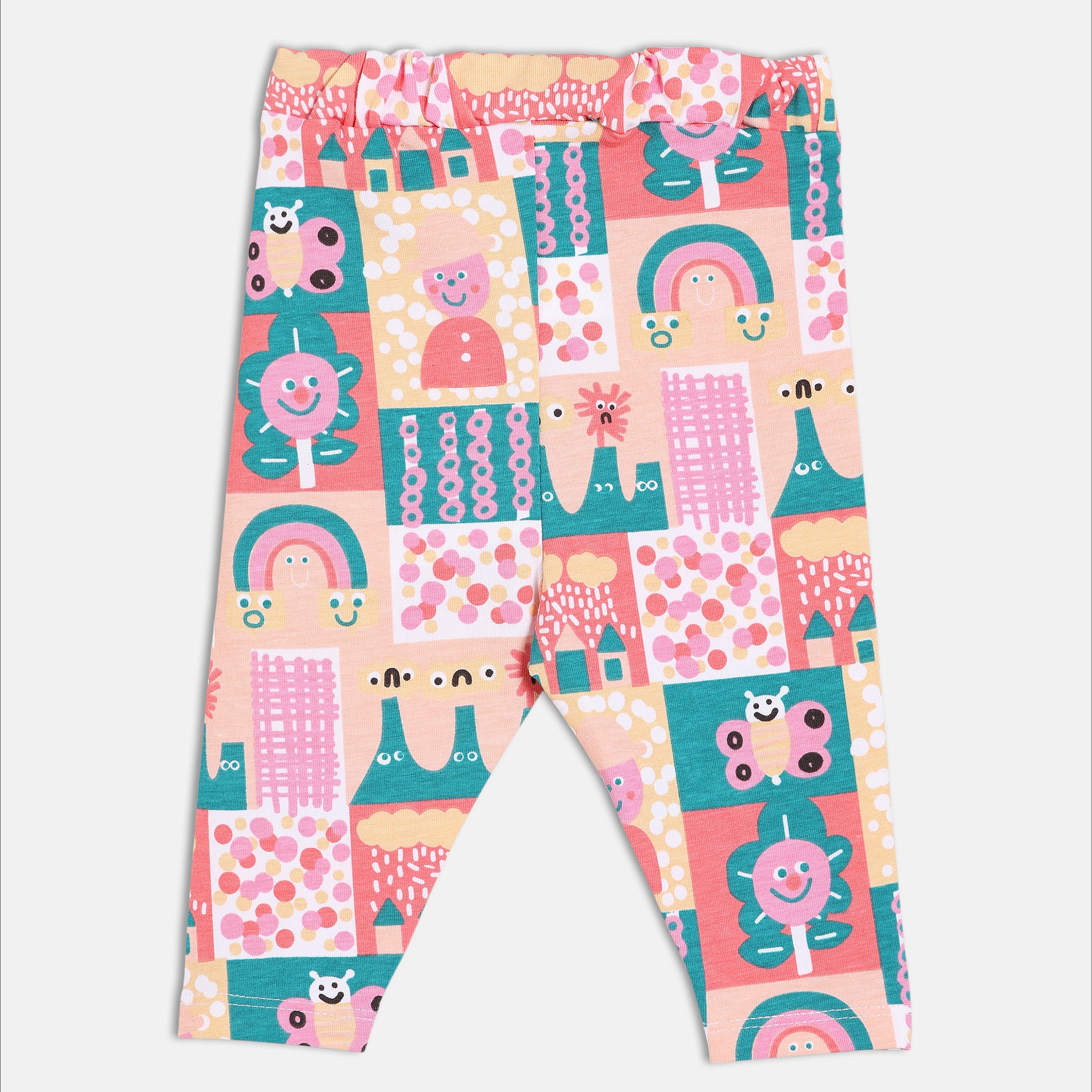 Baby Girls Peach, Pink and Teal Cotton Animal Printed Leggings Regular Fit Casual Wear