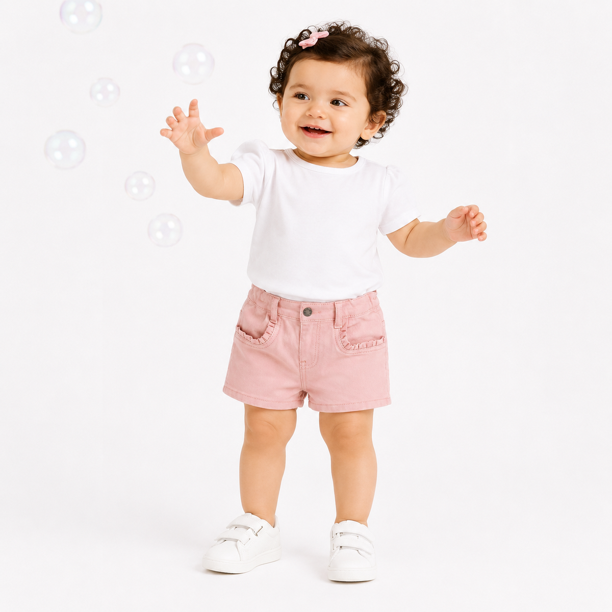 Baby Girls Solid Shorts with Ruffle Pocket Detail, Peach