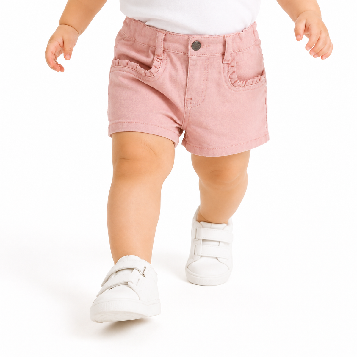 Baby Girls Solid Shorts with Ruffle Pocket Detail, Peach