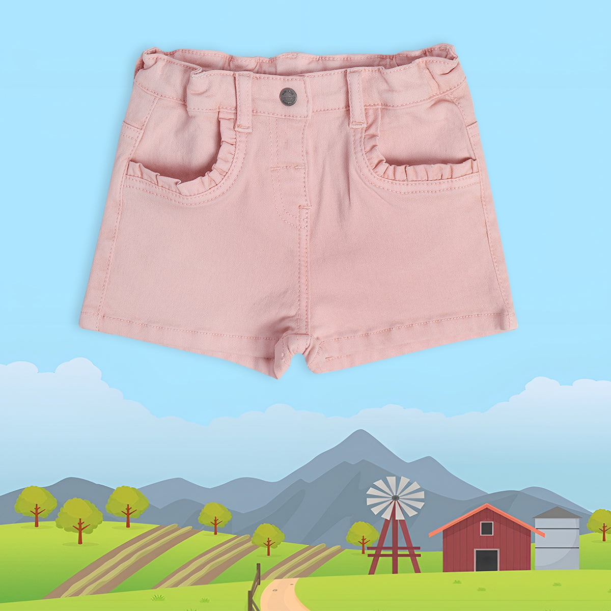 Baby Girls Solid Shorts with Ruffle Pocket Detail, Peach