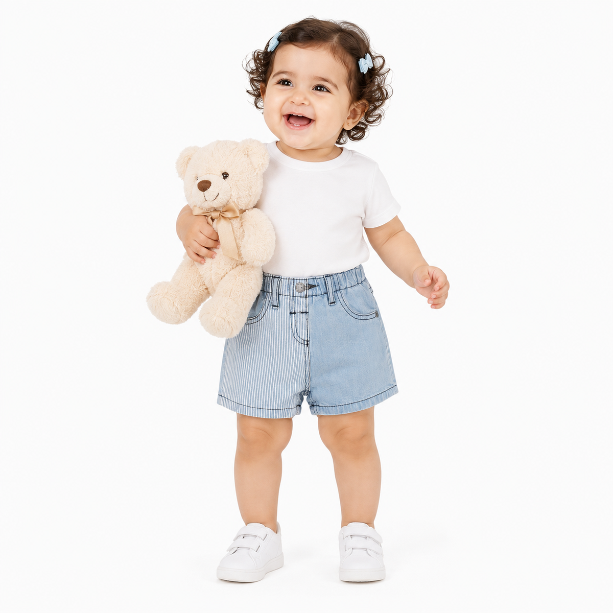 Baby Girls Denim Shorts with Stripe Panel Detail, Blue