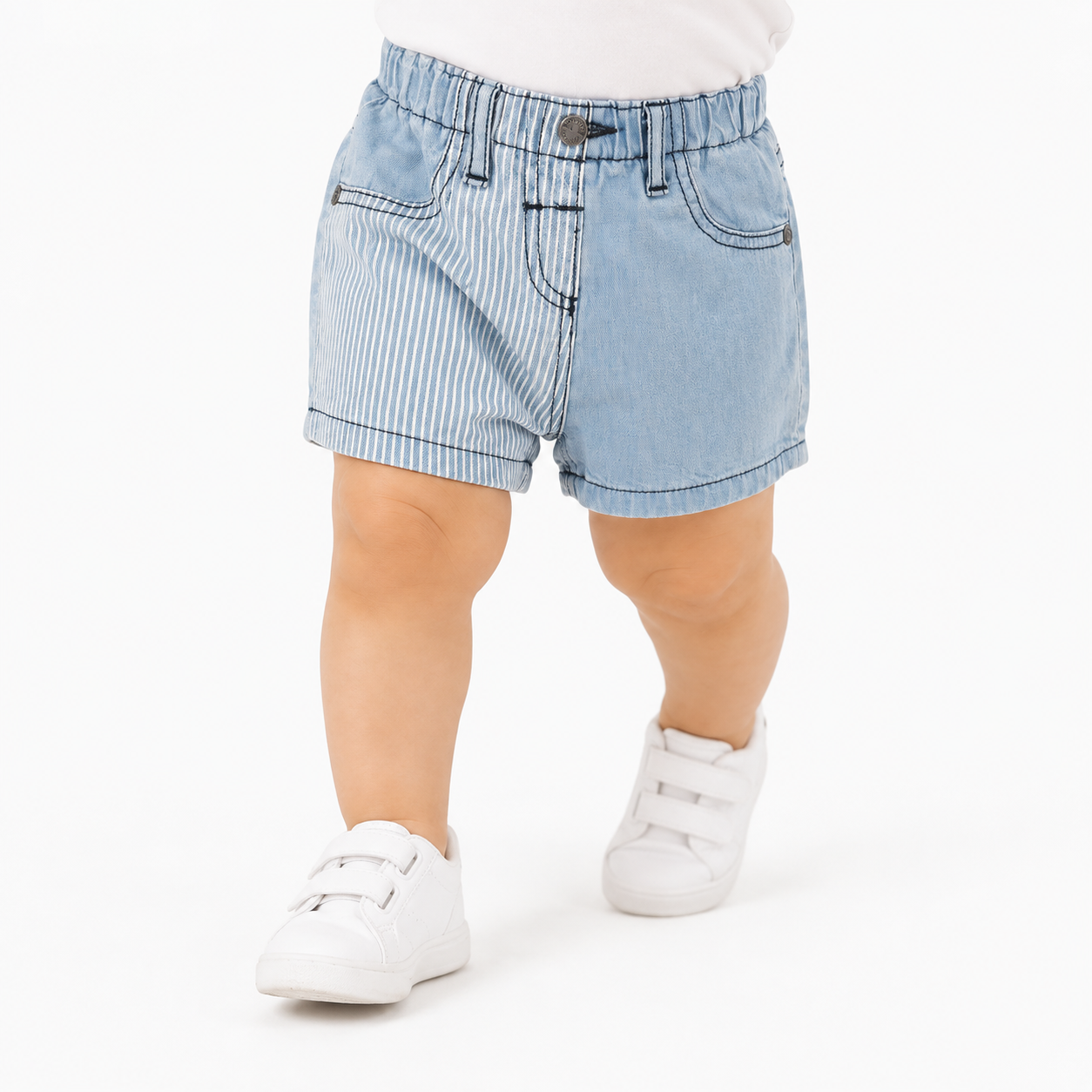 Baby Girls Denim Shorts with Stripe Panel Detail, Blue