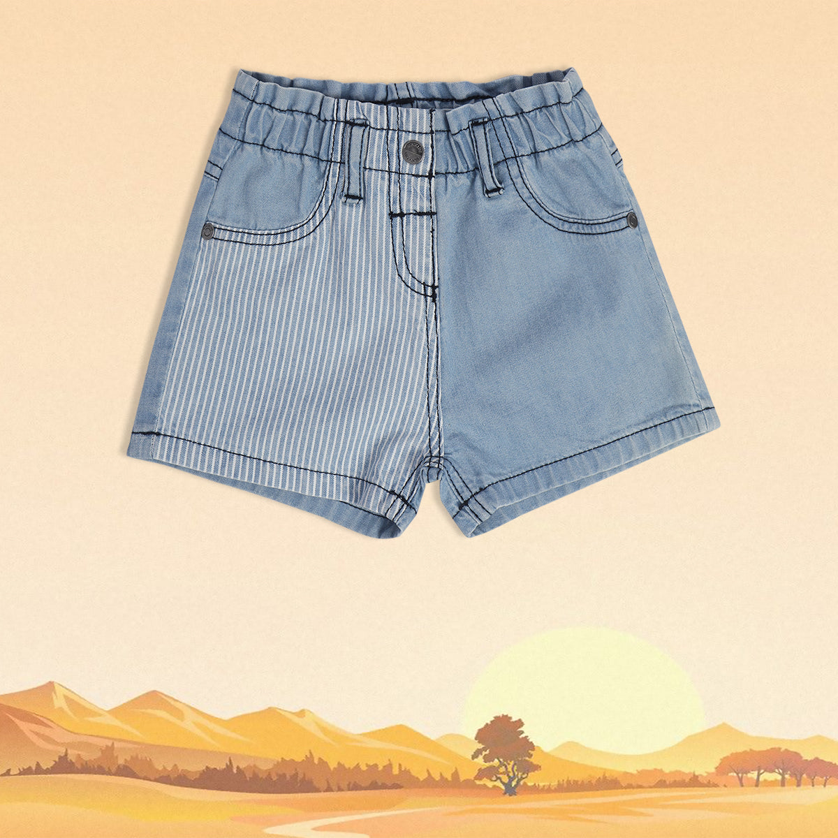 Baby Girls Denim Shorts with Stripe Panel Detail, Blue