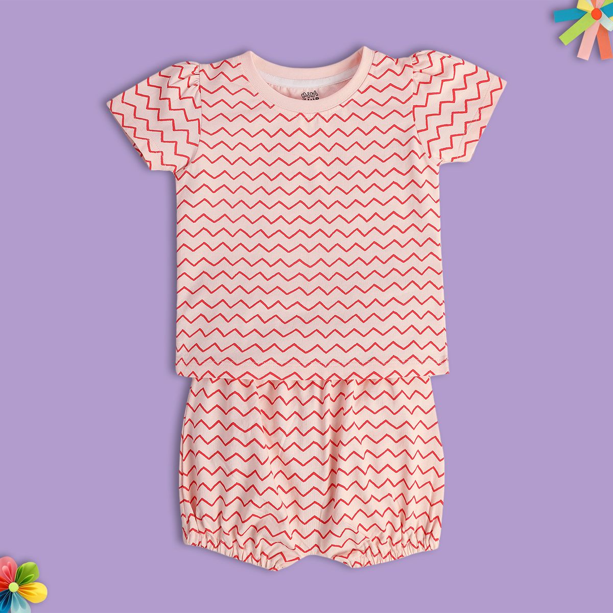 Baby Girls Zigzag Print Top and Shorts Set, Pink and Red