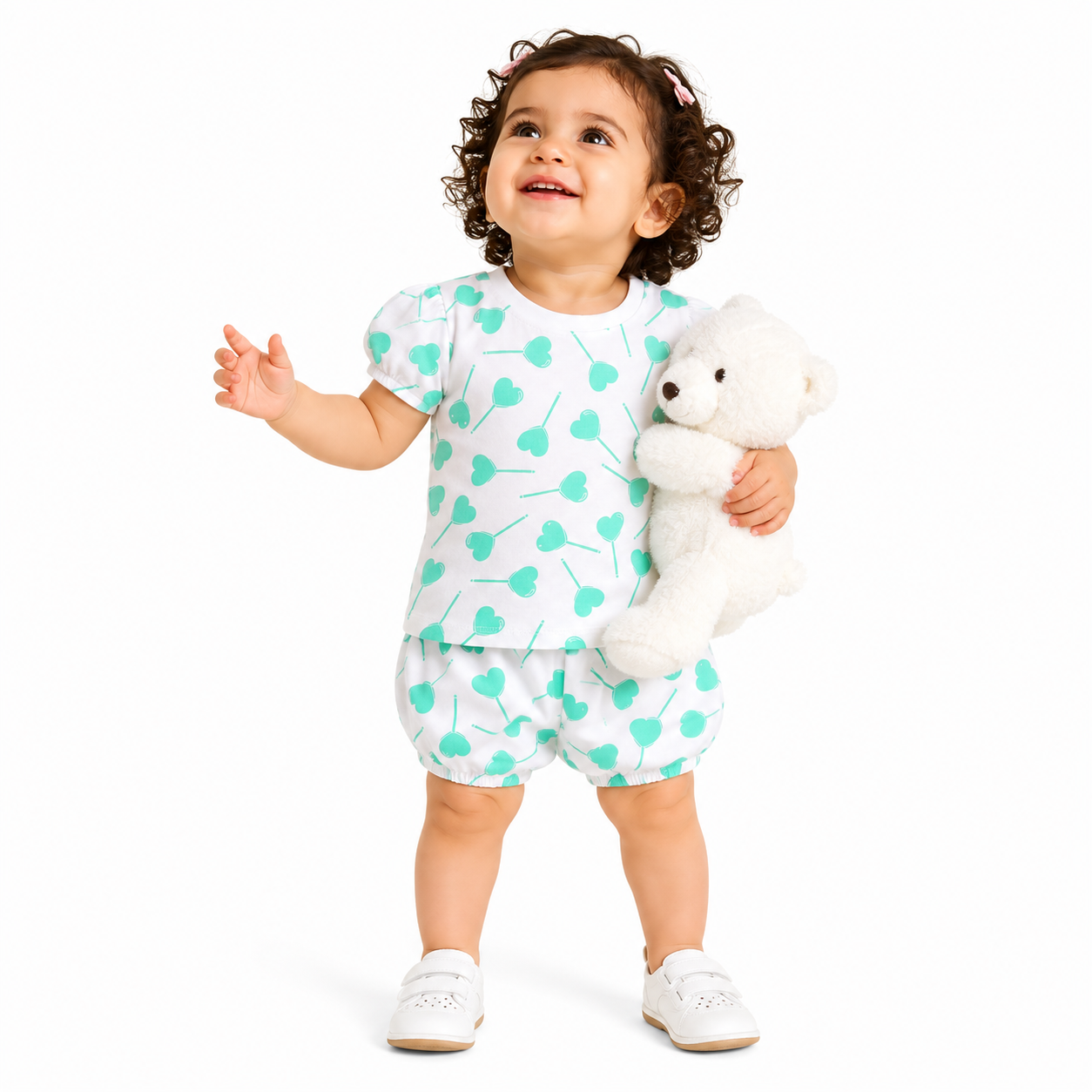 Baby Girls Heart Lollipop Print Top and Shorts Set, White and Mint Green