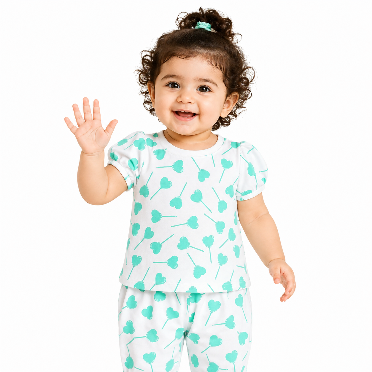 Baby Girls Heart Lollipop Print Top and Shorts Set, White and Mint Green