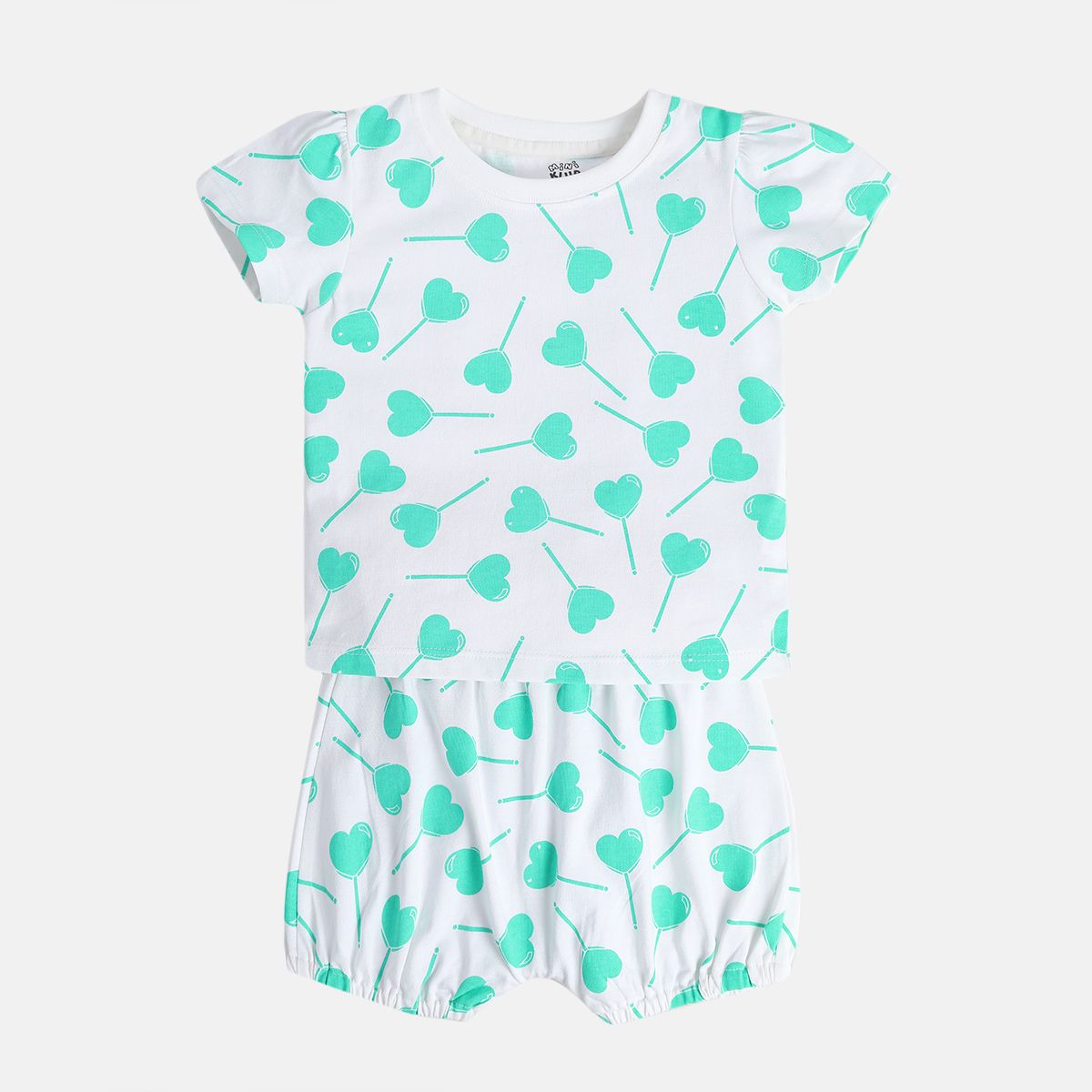 Baby Girls Heart Lollipop Print Top and Shorts Set, White and Mint Green