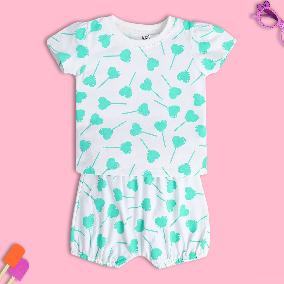 Baby Girls Heart Lollipop Print Top and Shorts Set, White and Mint Green