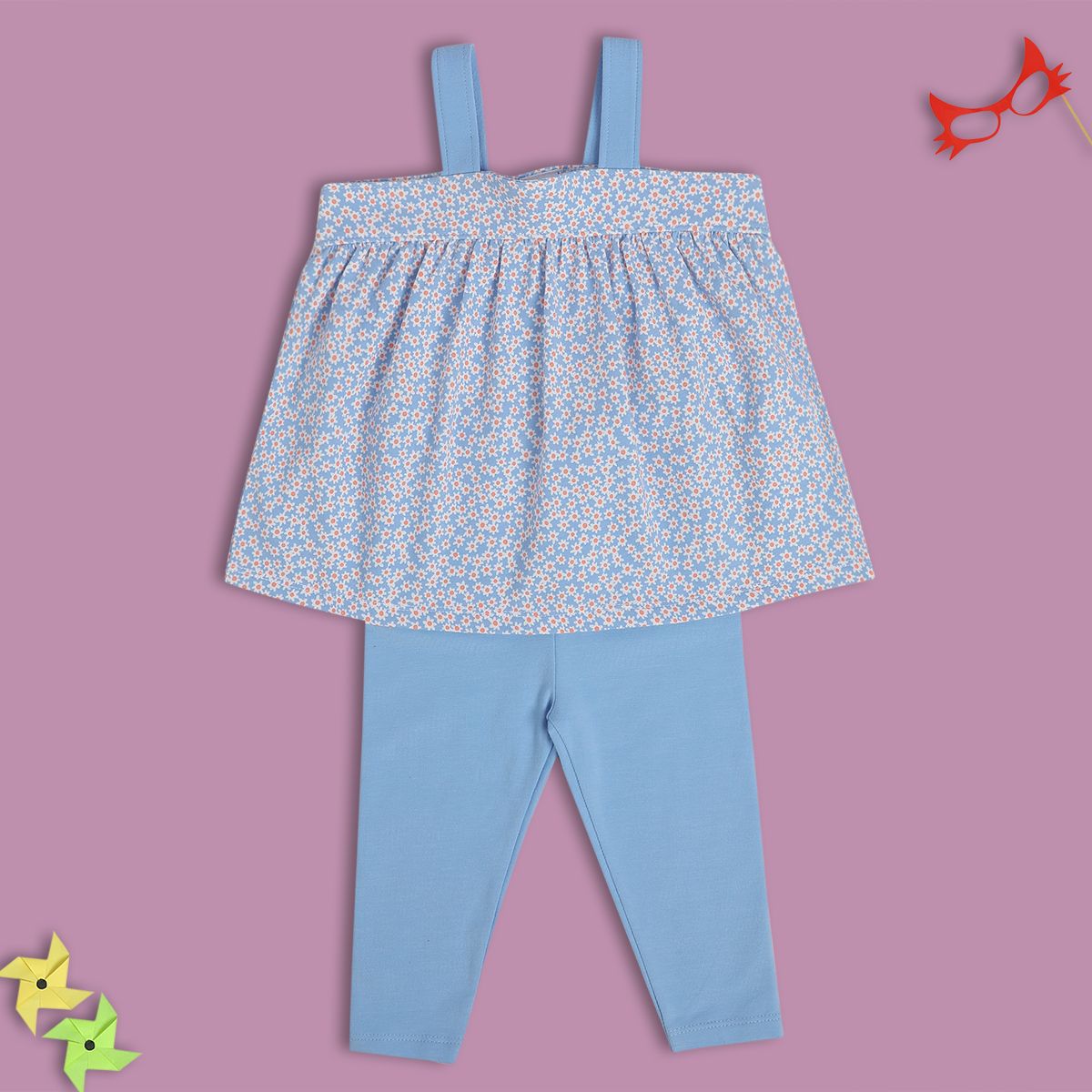 Baby Girls Floral Printed Strap Top with Leggings Set, Blue