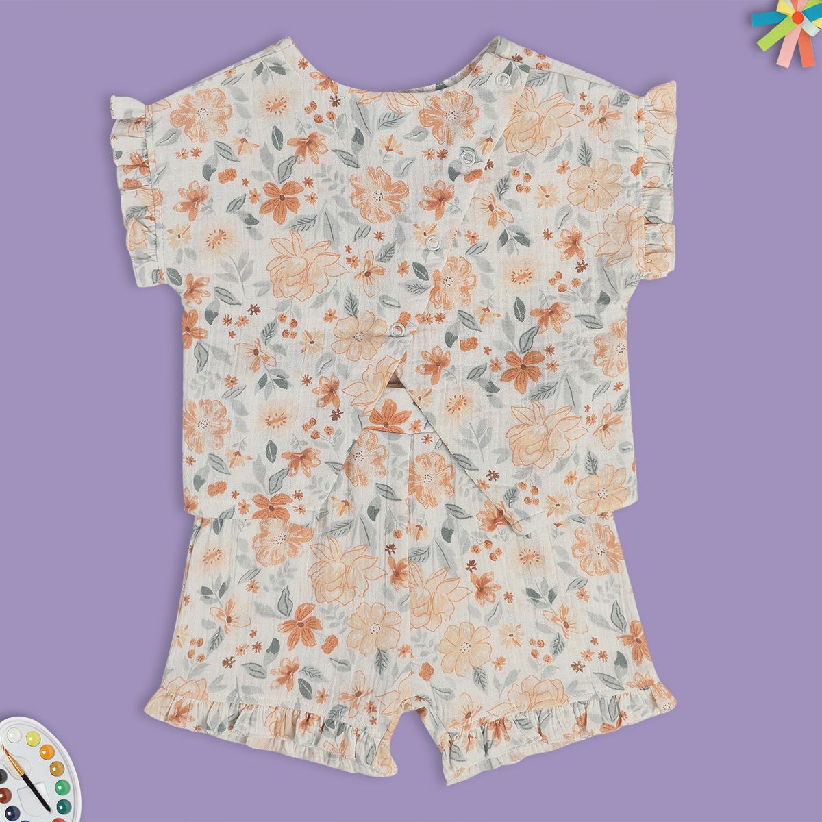 Baby Girls Floral Print Top and Shorts Set, Off White and Peach