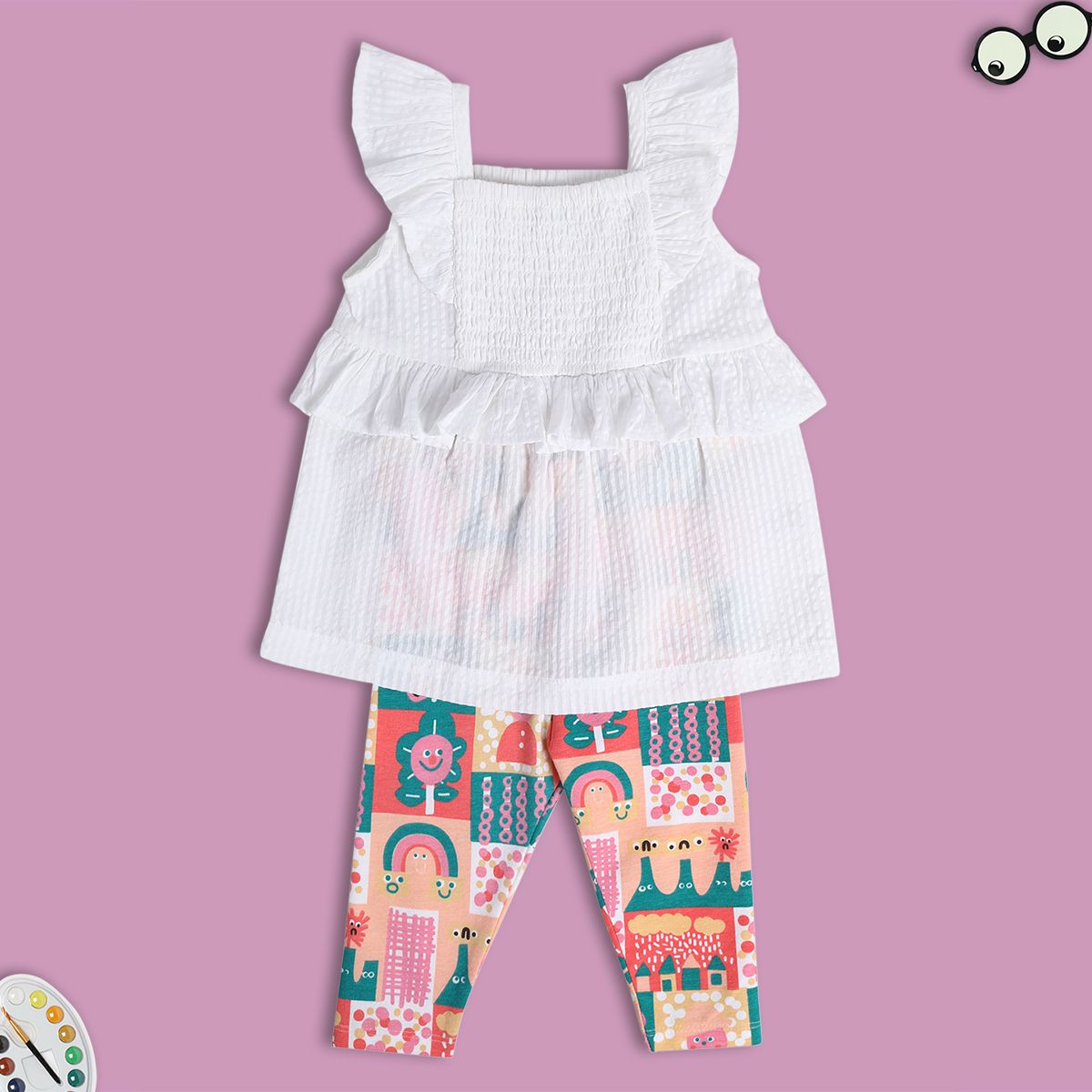 Girls Multi Square Neck Top And Bottom