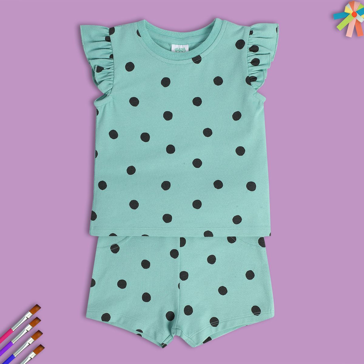 Girls Green Frill Sleeve Top And Bottom