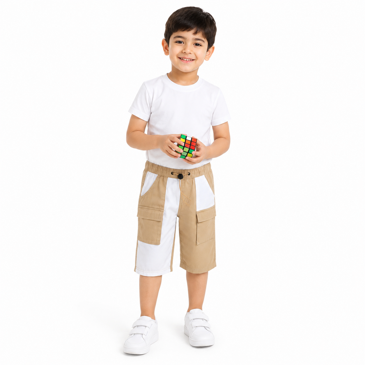 Boys Beige and White Cotton Cargo Shorts Colourblock Design Regular Fit Casual Kids Shorts