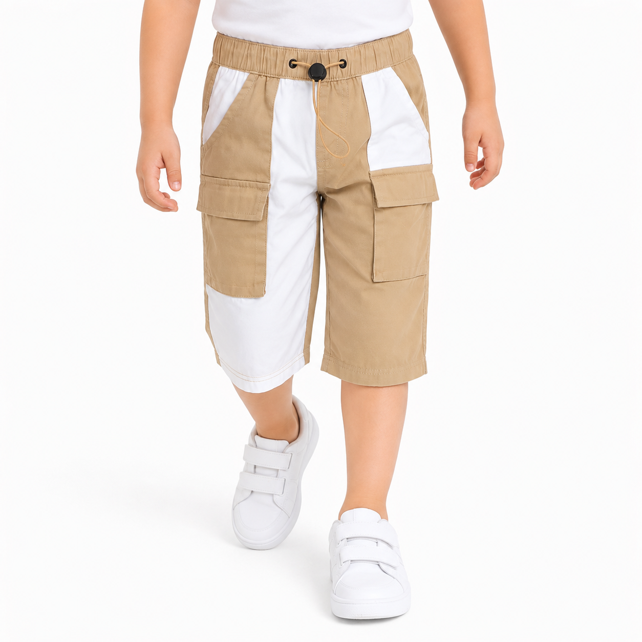 Boys Beige and White Cotton Cargo Shorts Colourblock Design Regular Fit Casual Kids Shorts