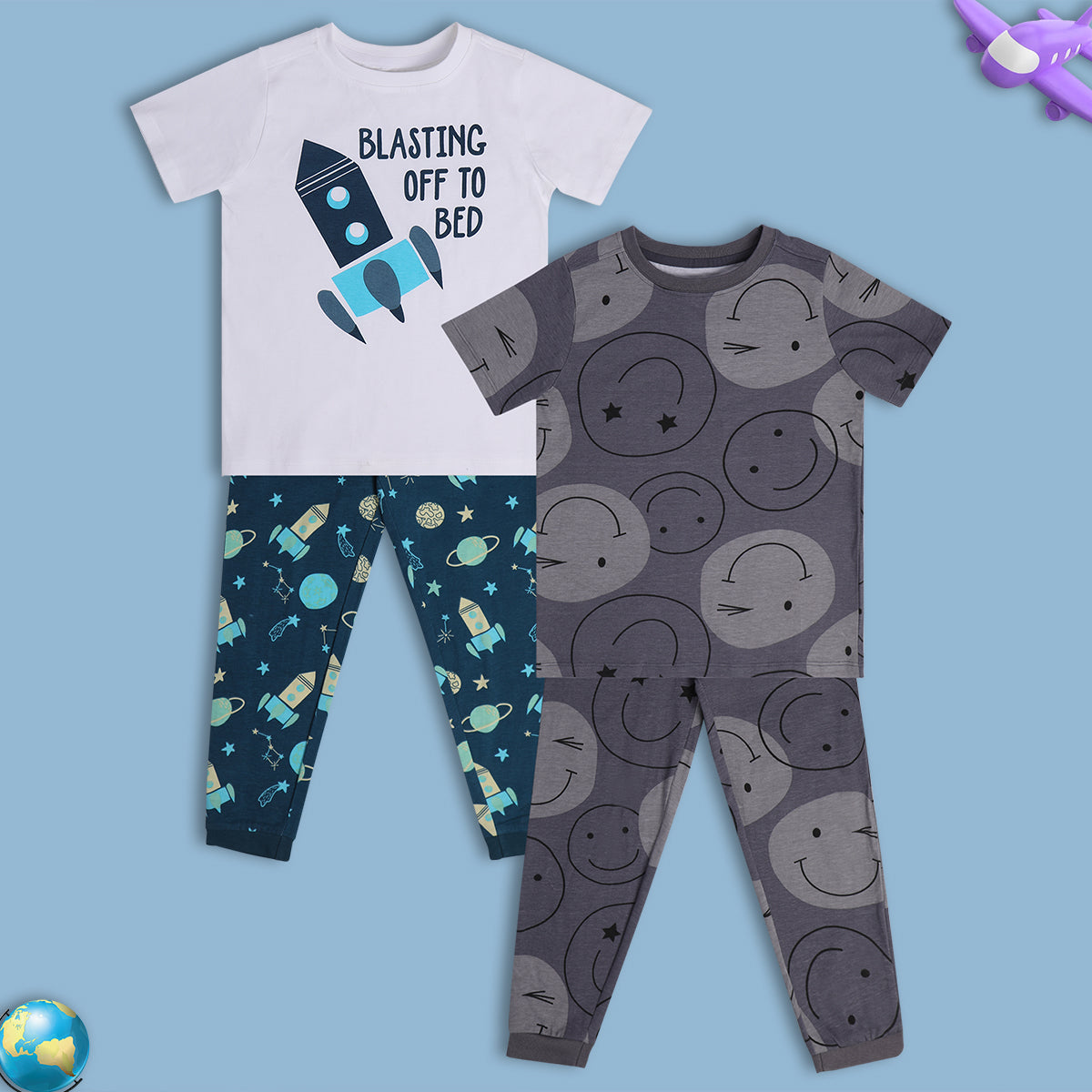 Kids Boys Printed Nightwear Sets Pack of 2, Multicolour