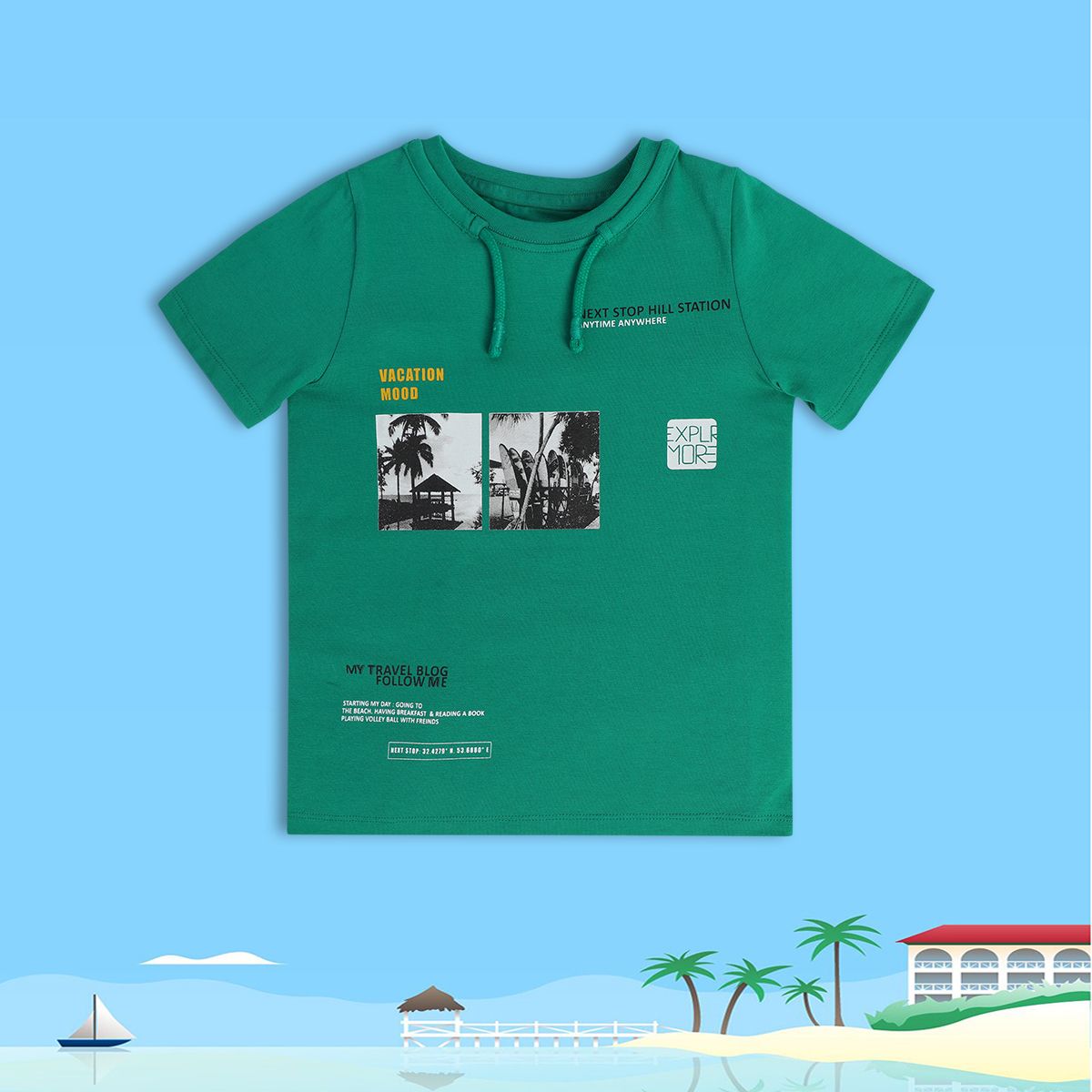 Boys Green Round Neck Short Sleeve T-Shirt