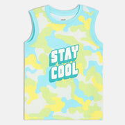 Baby Boys Printed Sleeveless T,Shirt with “Stay Cool” Text, Light Blue, Yellow and White
