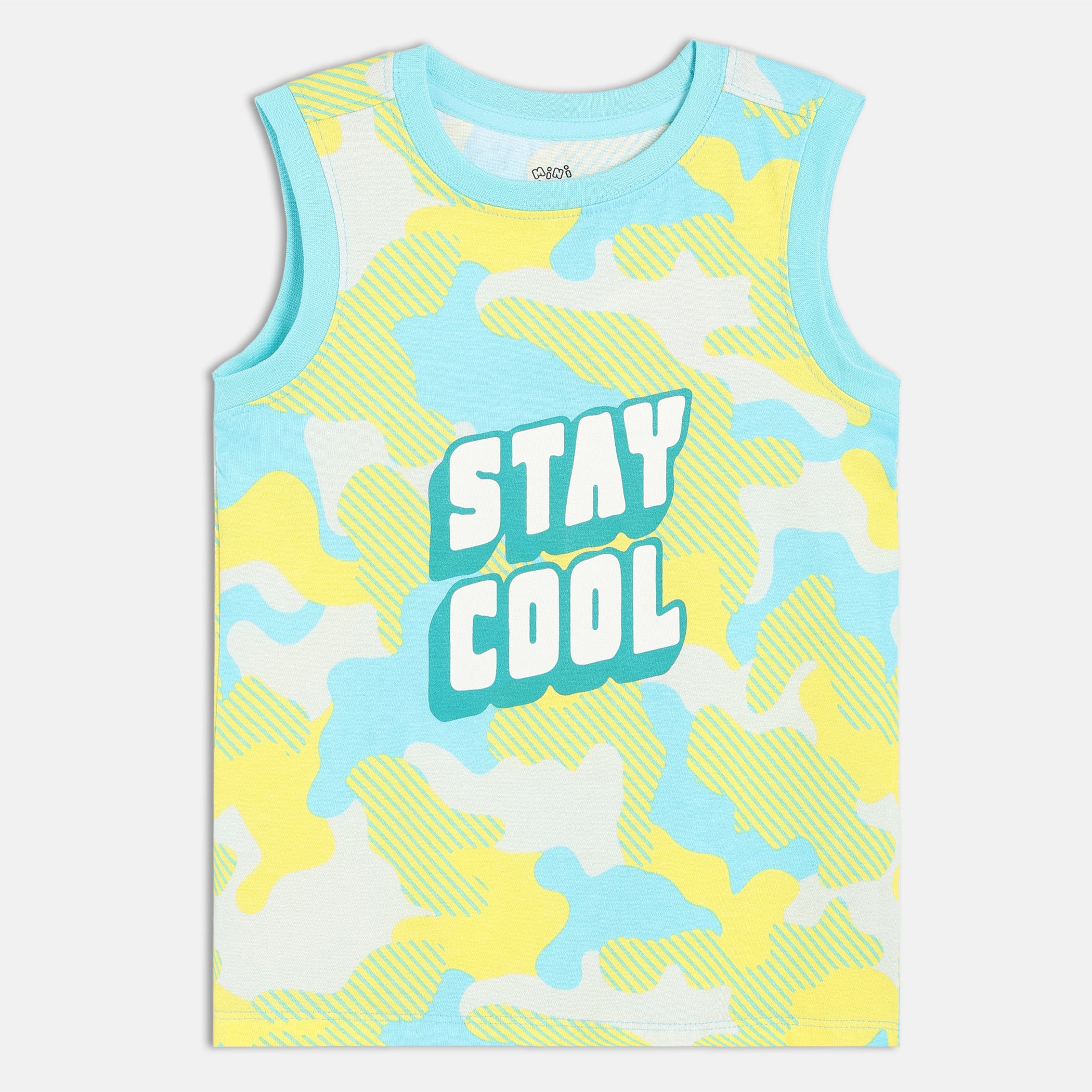 Baby Boys Printed Sleeveless T,Shirt with “Stay Cool” Text, Light Blue, Yellow and White
