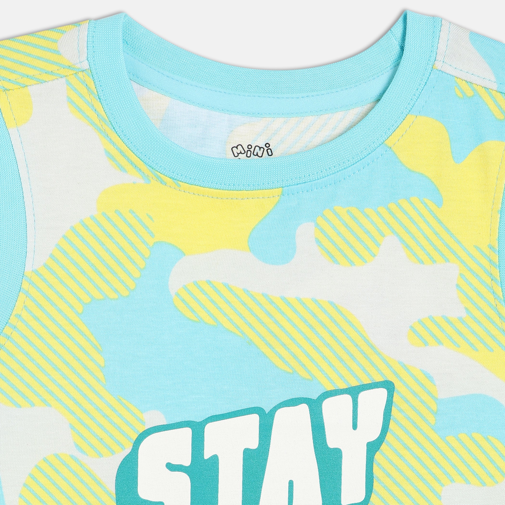 Baby Boys Printed Sleeveless T,Shirt with “Stay Cool” Text, Light Blue, Yellow and White