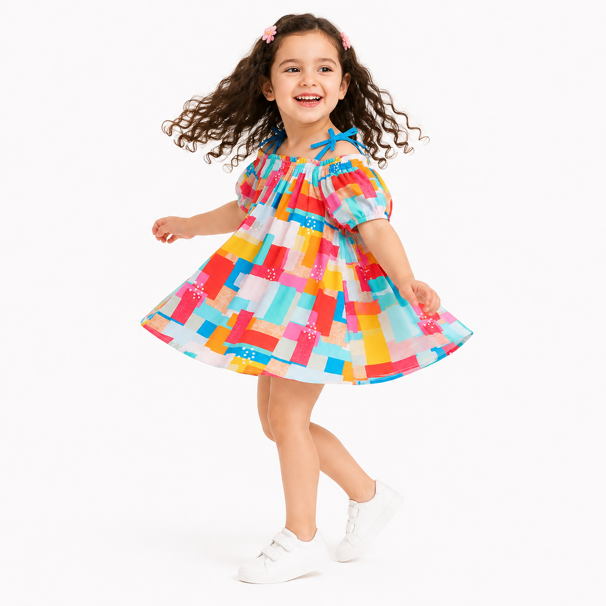 Girls Blue Pink Red Yellow Orange and White Cotton Dress Abstract Print Cold Shoulder Regular Fit Casual Kids Dress