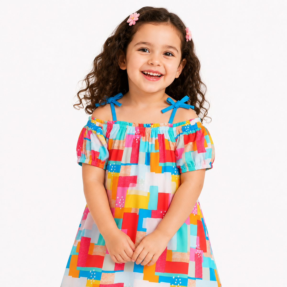 Girls Blue Pink Red Yellow Orange and White Cotton Dress Abstract Print Cold Shoulder Regular Fit Casual Kids Dress