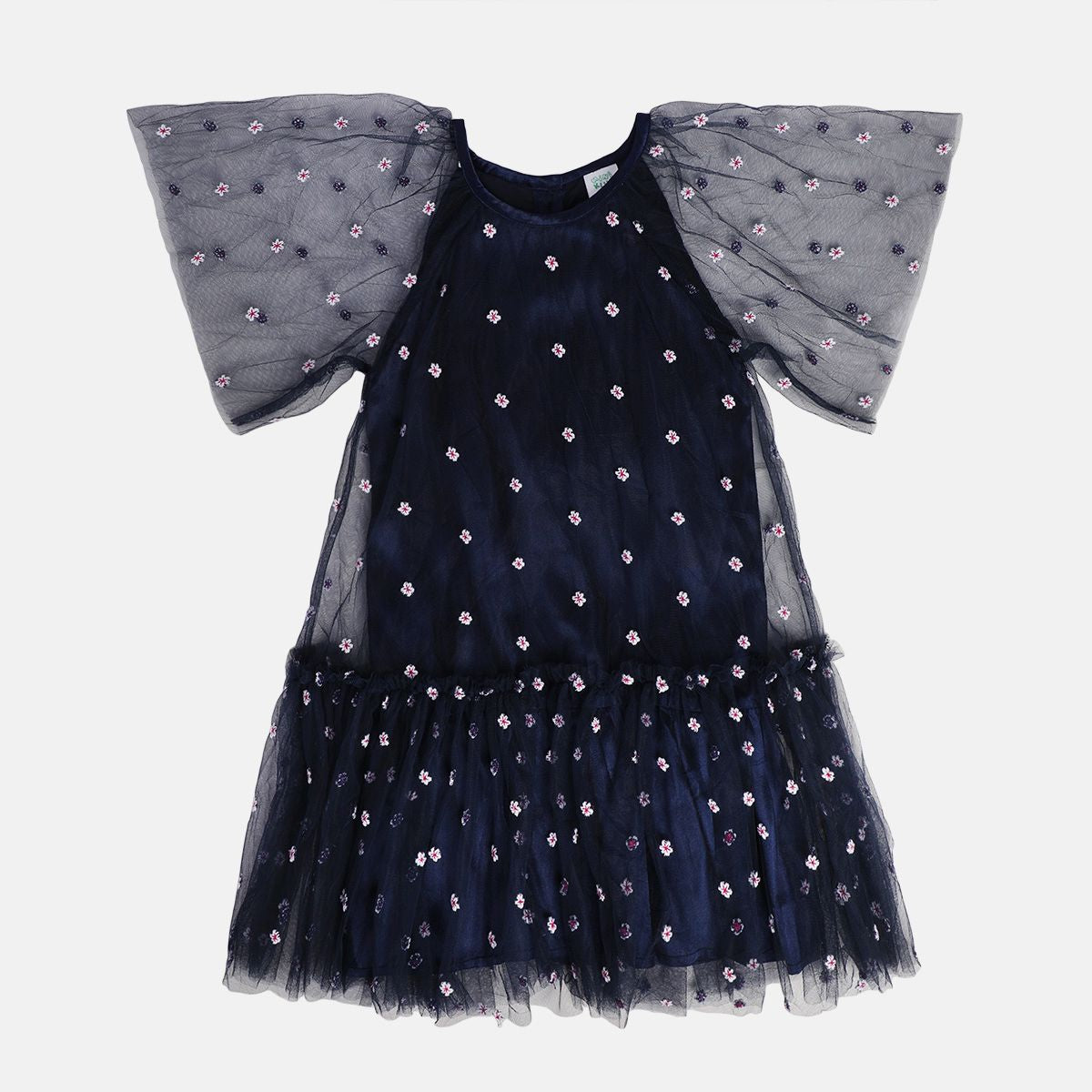 Girls Navy Round Neck Cap Sleeve Dress