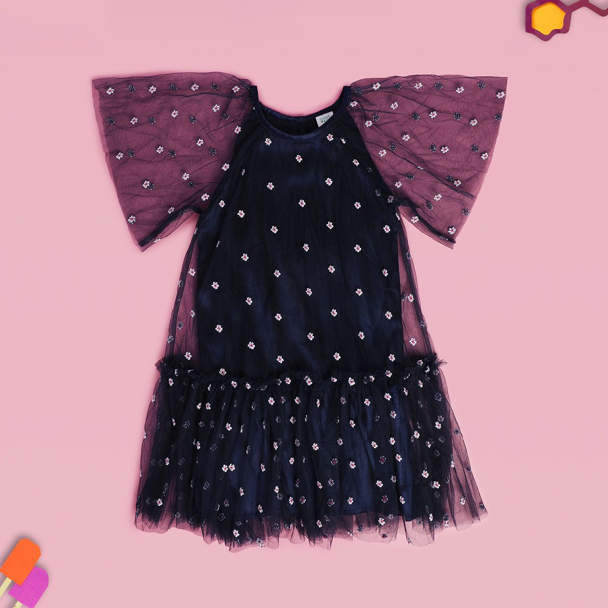 Girls Navy Round Neck Cap Sleeve Dress