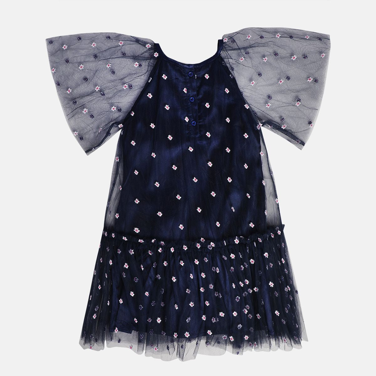 Girls Navy Round Neck Cap Sleeve Dress