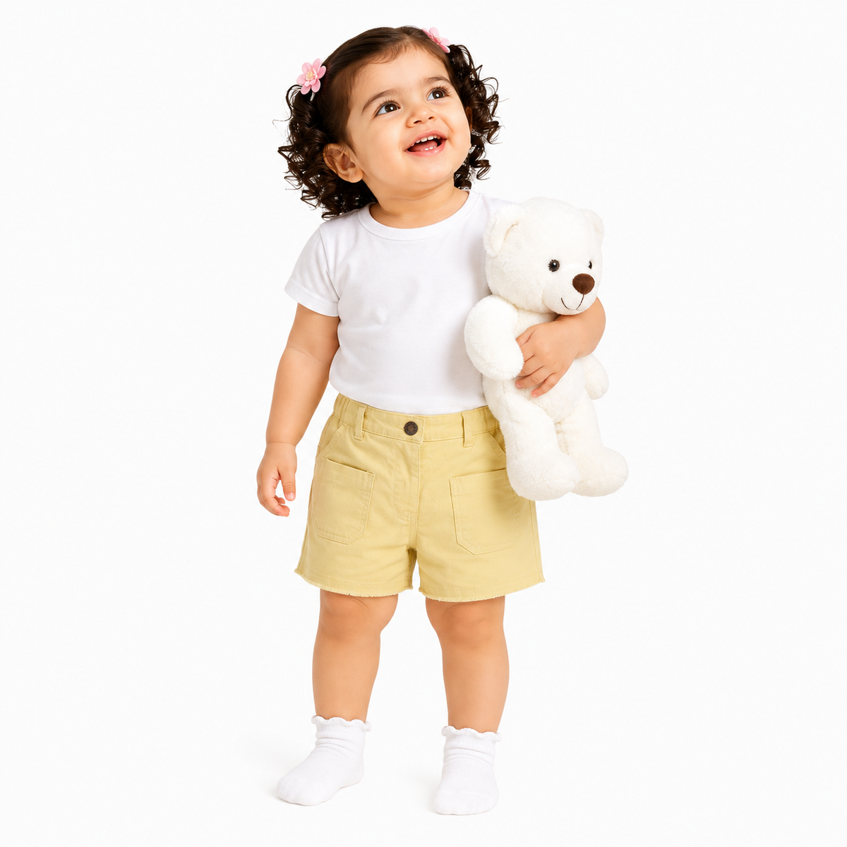 Baby Girls Solid Shorts with Pocket Detail, Light Yellow