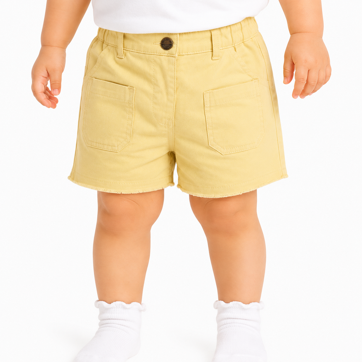 Baby Girls Solid Shorts with Pocket Detail, Light Yellow