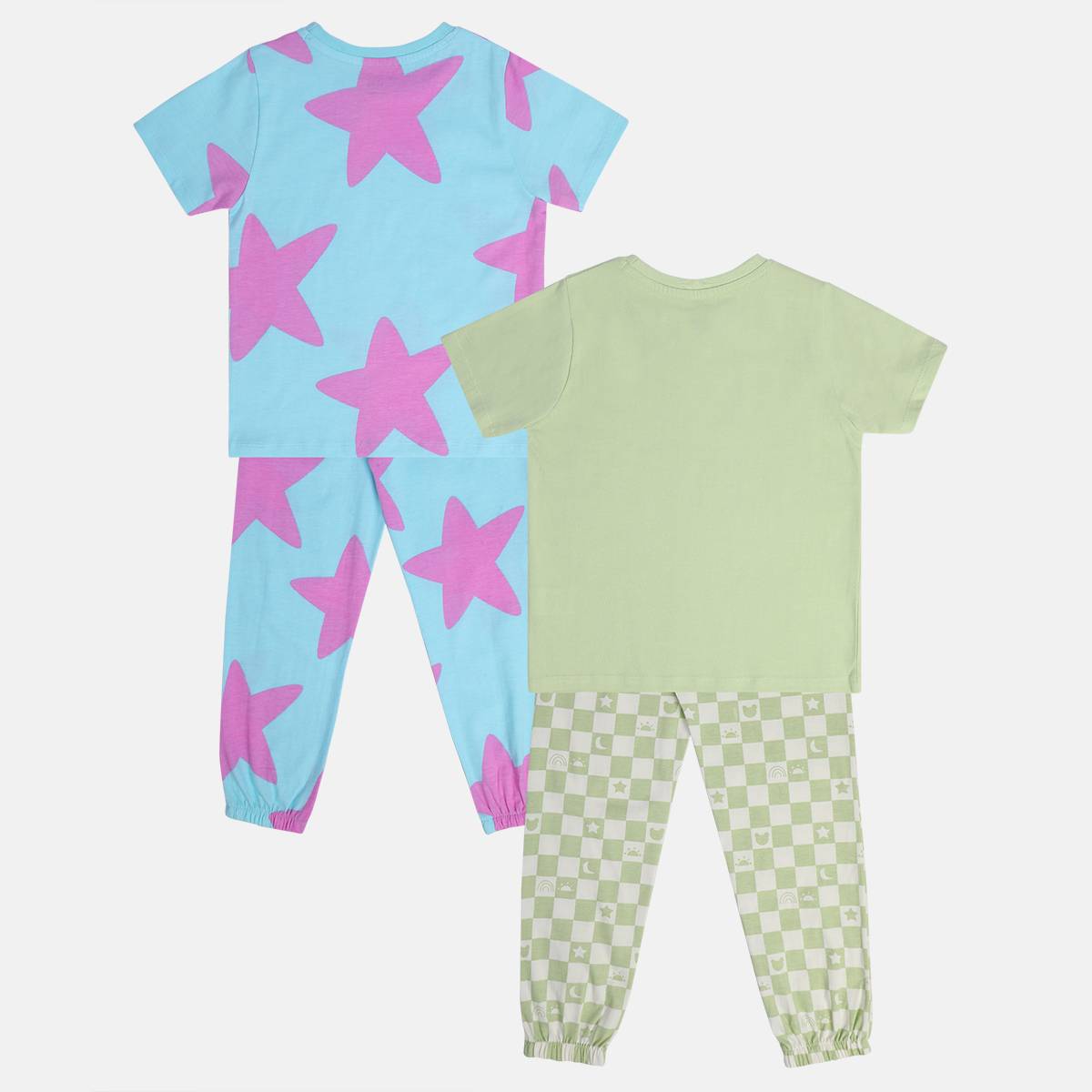 Girls Blue/Green Round Neck Short Sleeve Top And Bottom