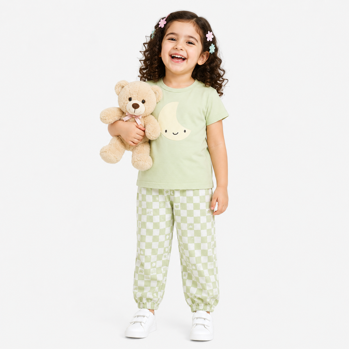 Girls Blue/Green Round Neck Short Sleeve Top And Bottom