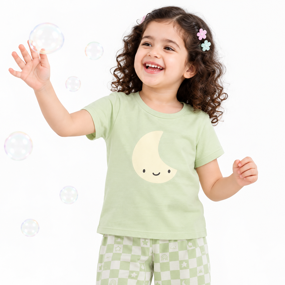 Girls Blue/Green Round Neck Short Sleeve Top And Bottom