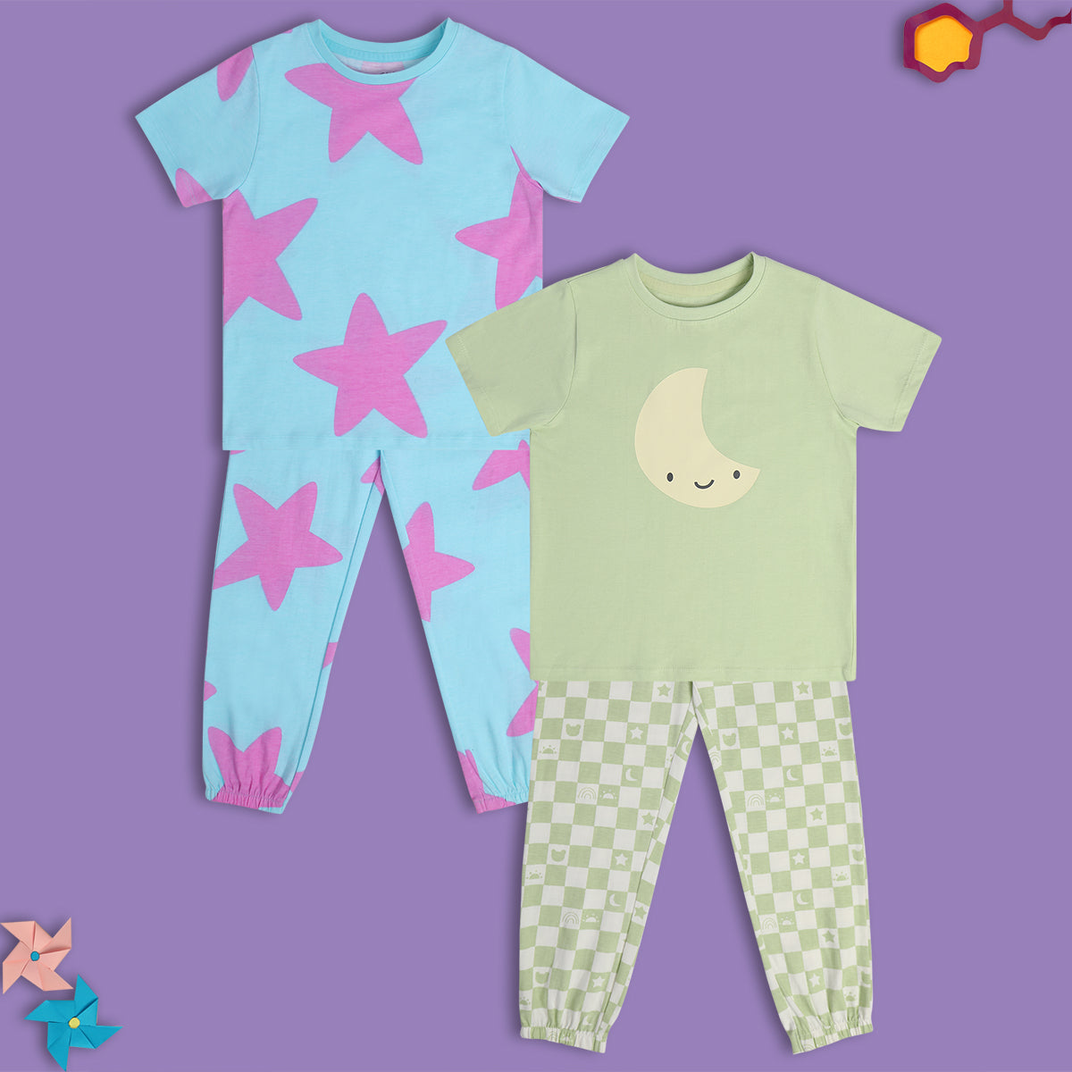 Kids Girls Printed Nightwear Sets Pack of 2, Multicolour