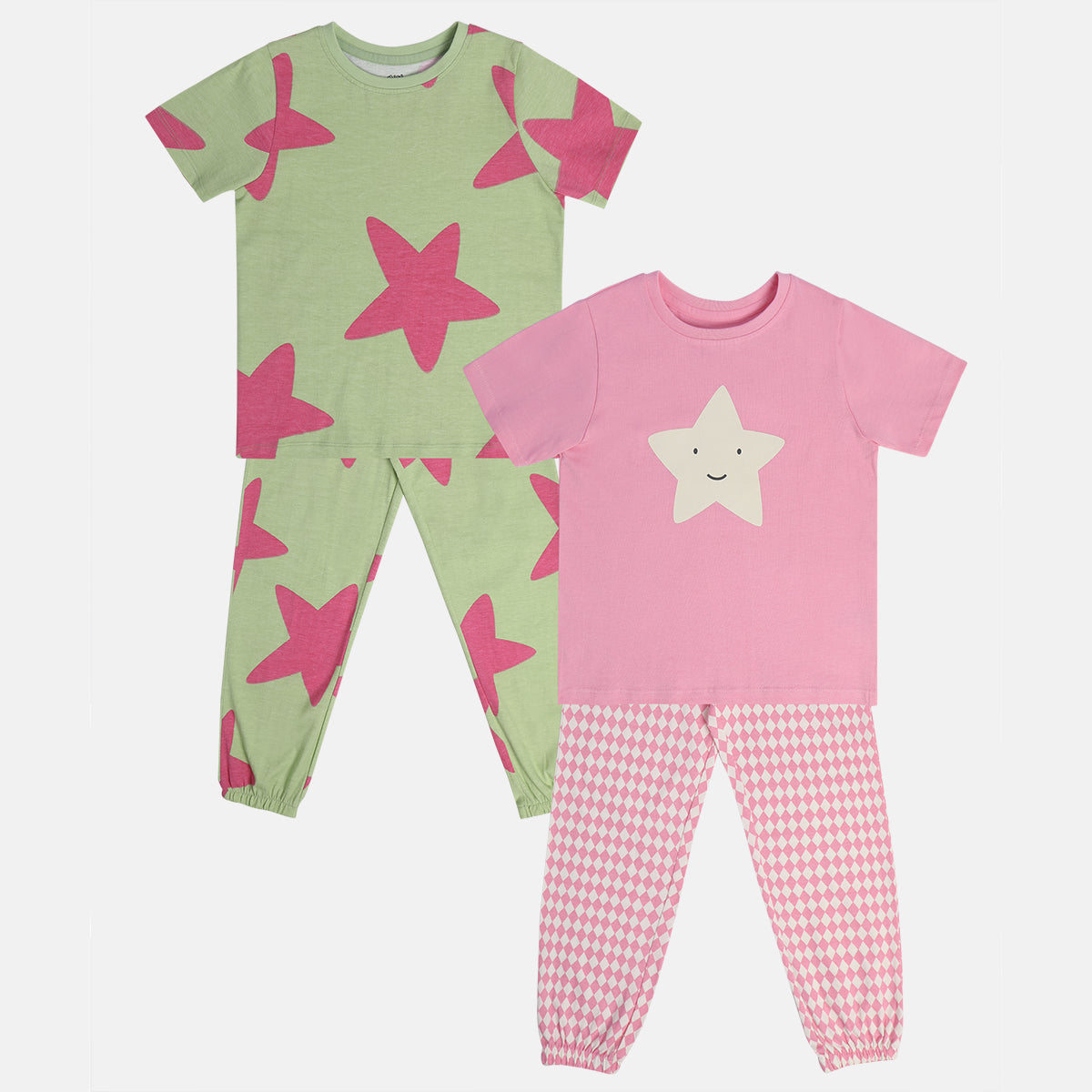 Girls Green/Grey Round Neck Short Sleeve Top And Bottom