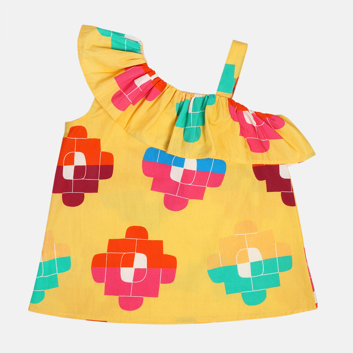 Baby Girls Printed One Shoulder Ruffle Top, Yellow