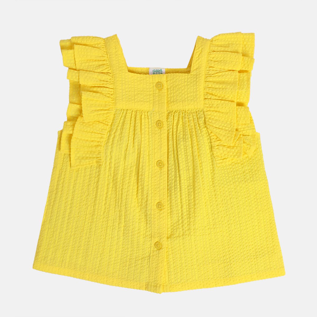 Girls Yellow Sqaure Neck Sleeve Less Woven Top