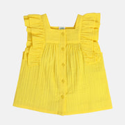 Girls Yellow Sqaure Neck Sleeve Less Woven Top