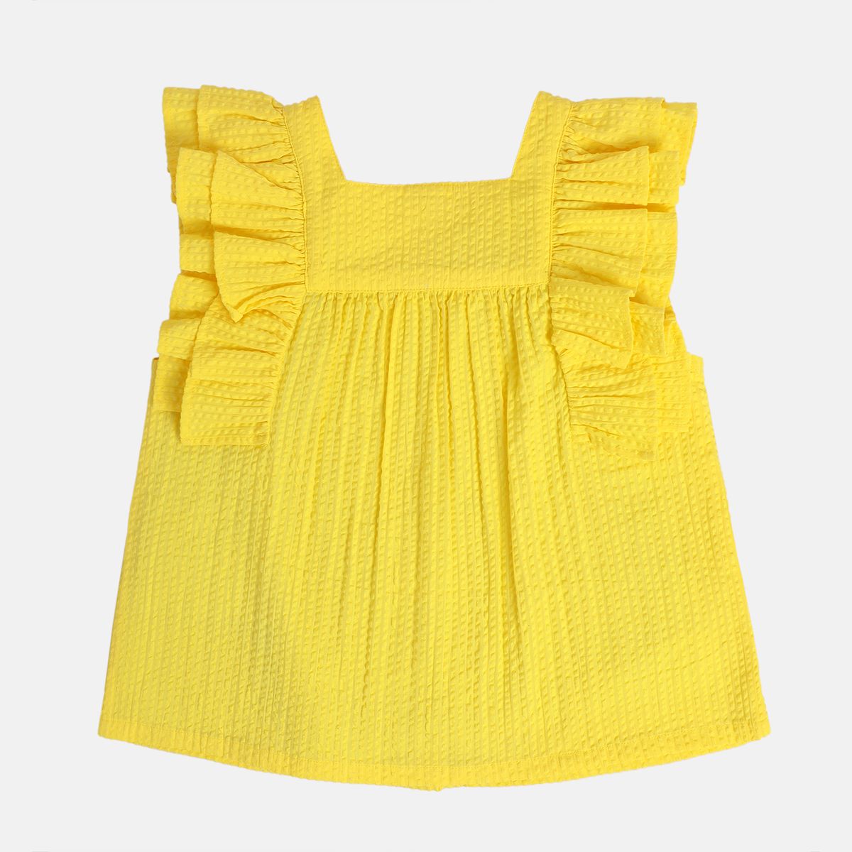 Girls Yellow Sqaure Neck Sleeve Less Woven Top