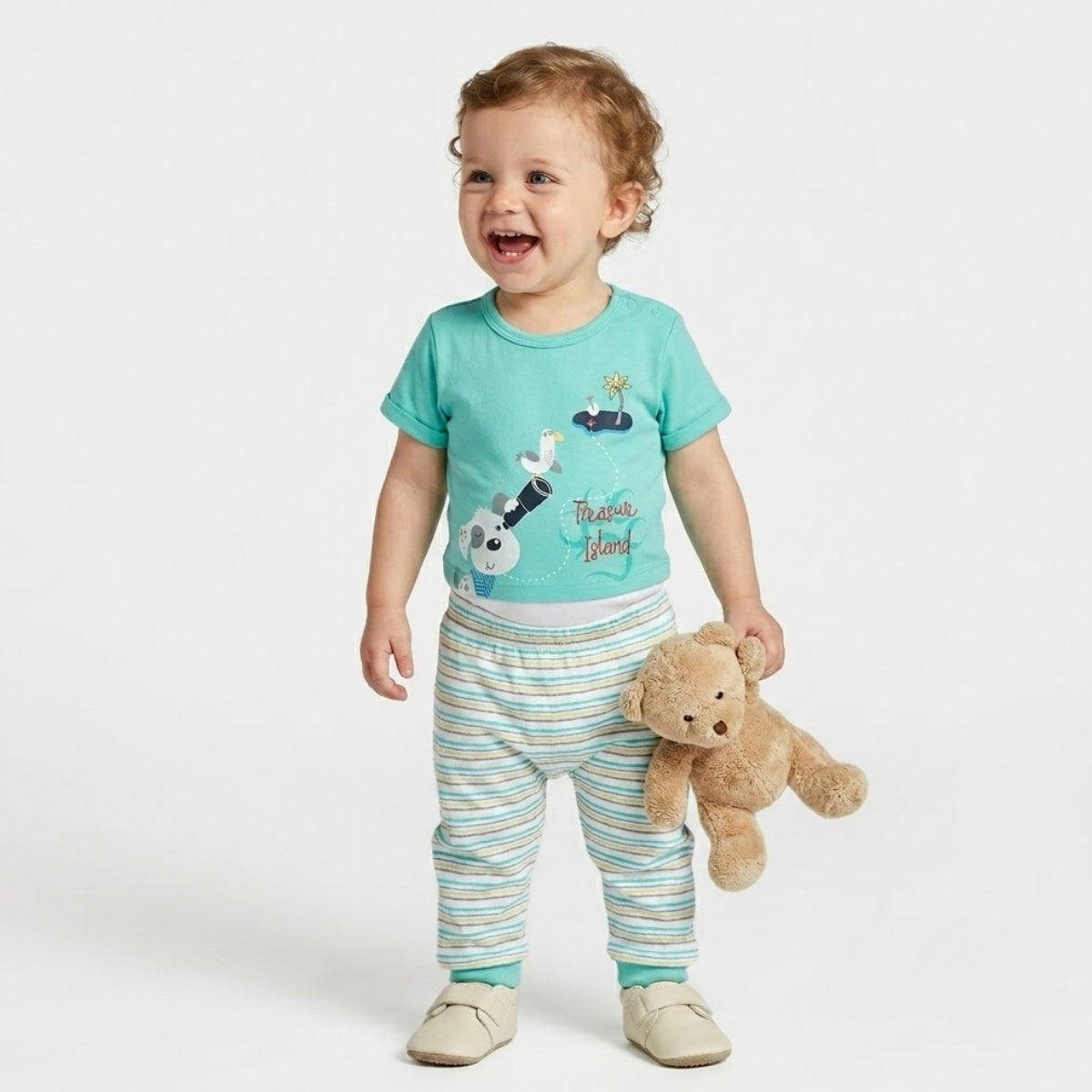 Baby Boys Cotton Animal Printed Bodysuit with Striped Bottom Set White and Blue