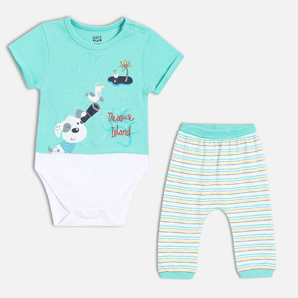 Baby Boys Cotton Animal Printed Bodysuit with Striped Bottom Set White and Blue