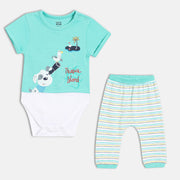 Baby Boys Cotton Animal Printed Bodysuit with Striped Bottom Set White and Blue