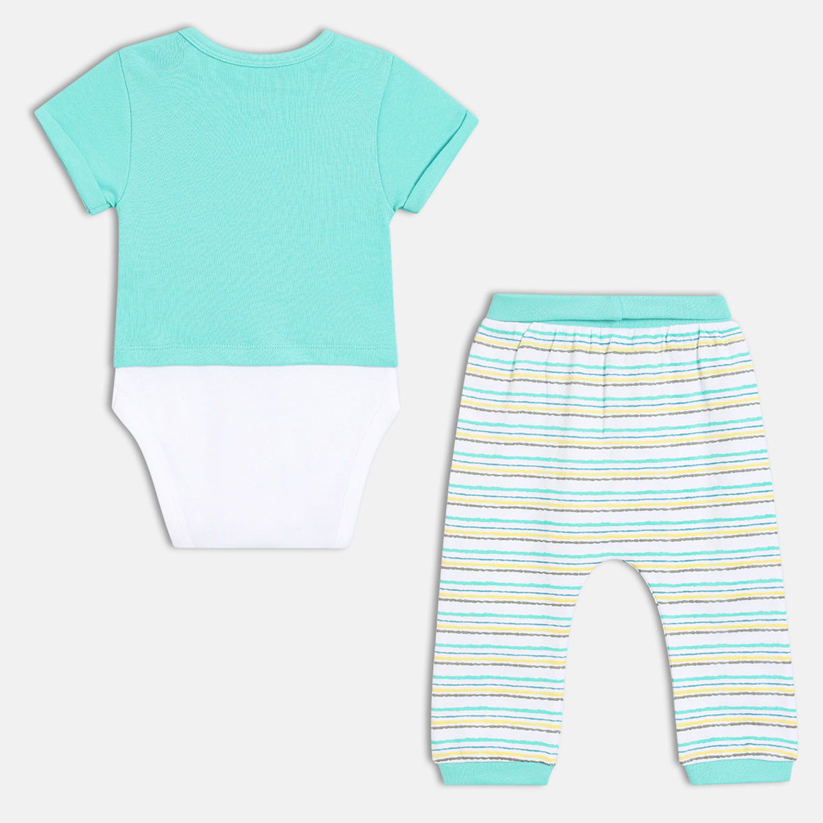 Baby Boys Cotton Animal Printed Bodysuit with Striped Bottom Set White and Blue