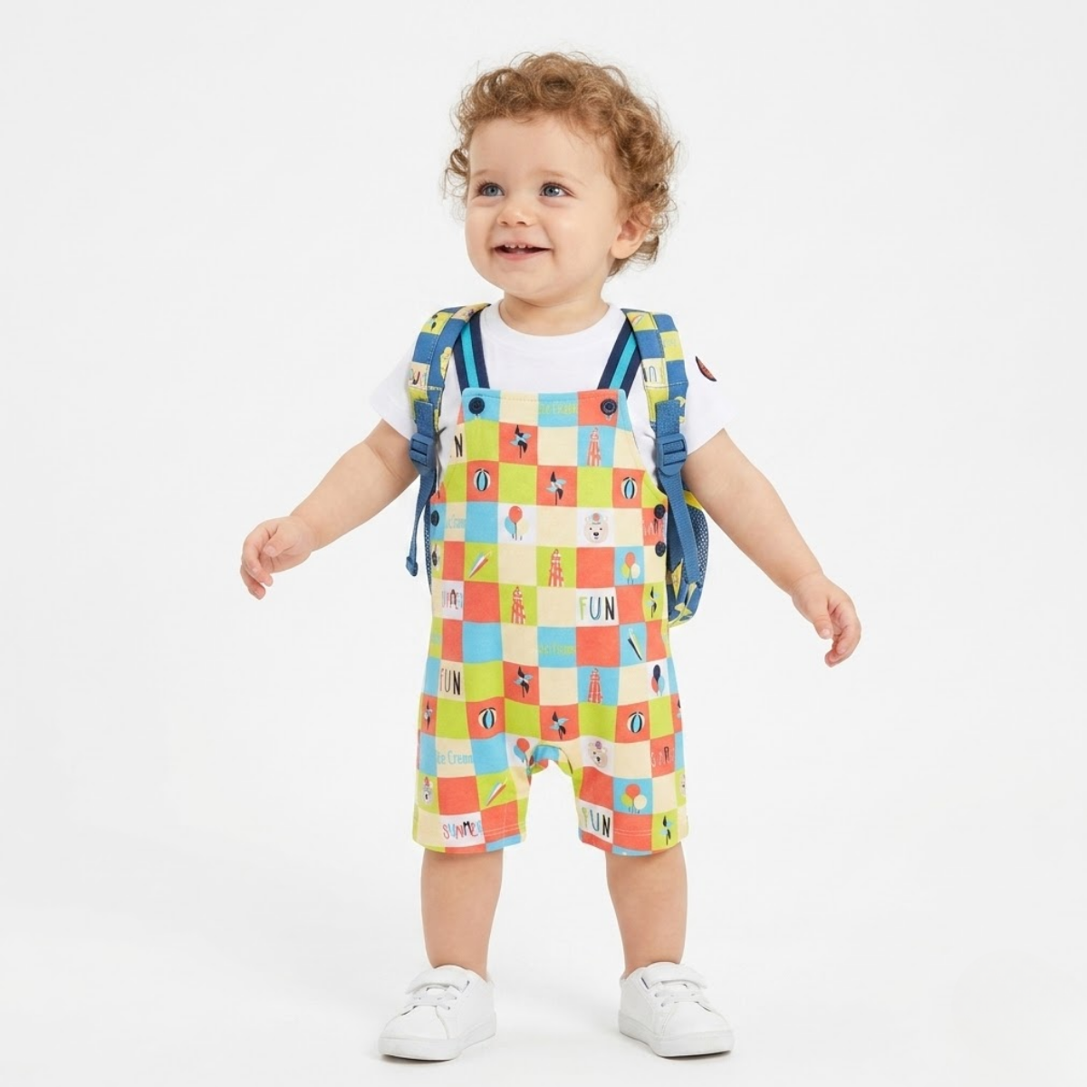 Baby Boys Checked Printed Dungaree Romper with Solid T-Shirt, White & Green