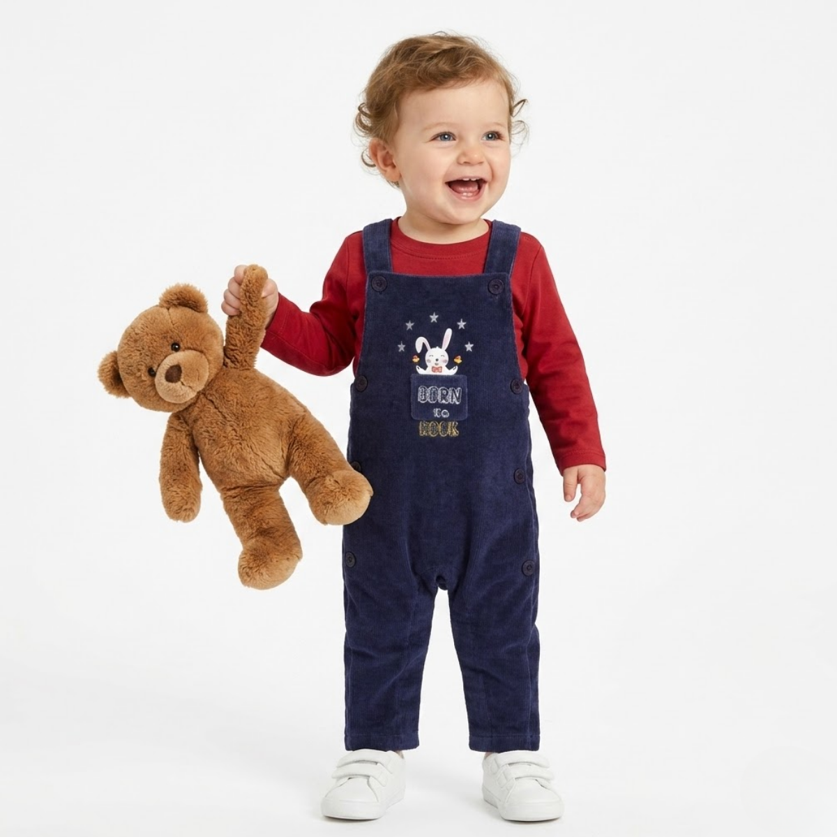 Baby Boys Bunny Design Dungaree with Solid T-Shirt Set, Navy and Red