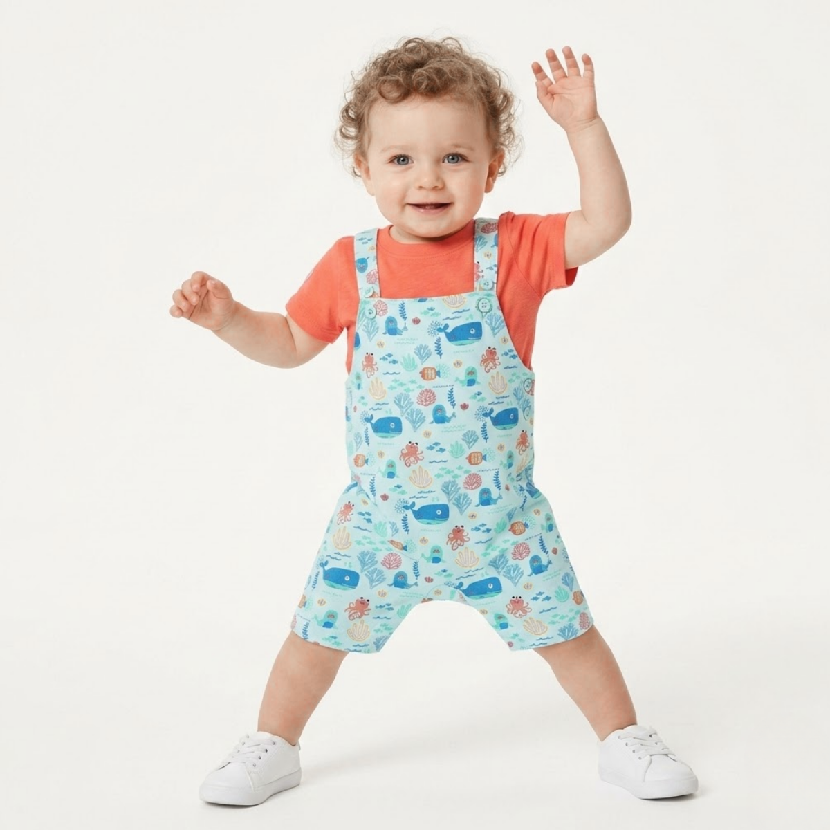 Baby Boys Cotton Ocean Print Dungaree Romper with Solid T-Shirt Set, Blue and Orange