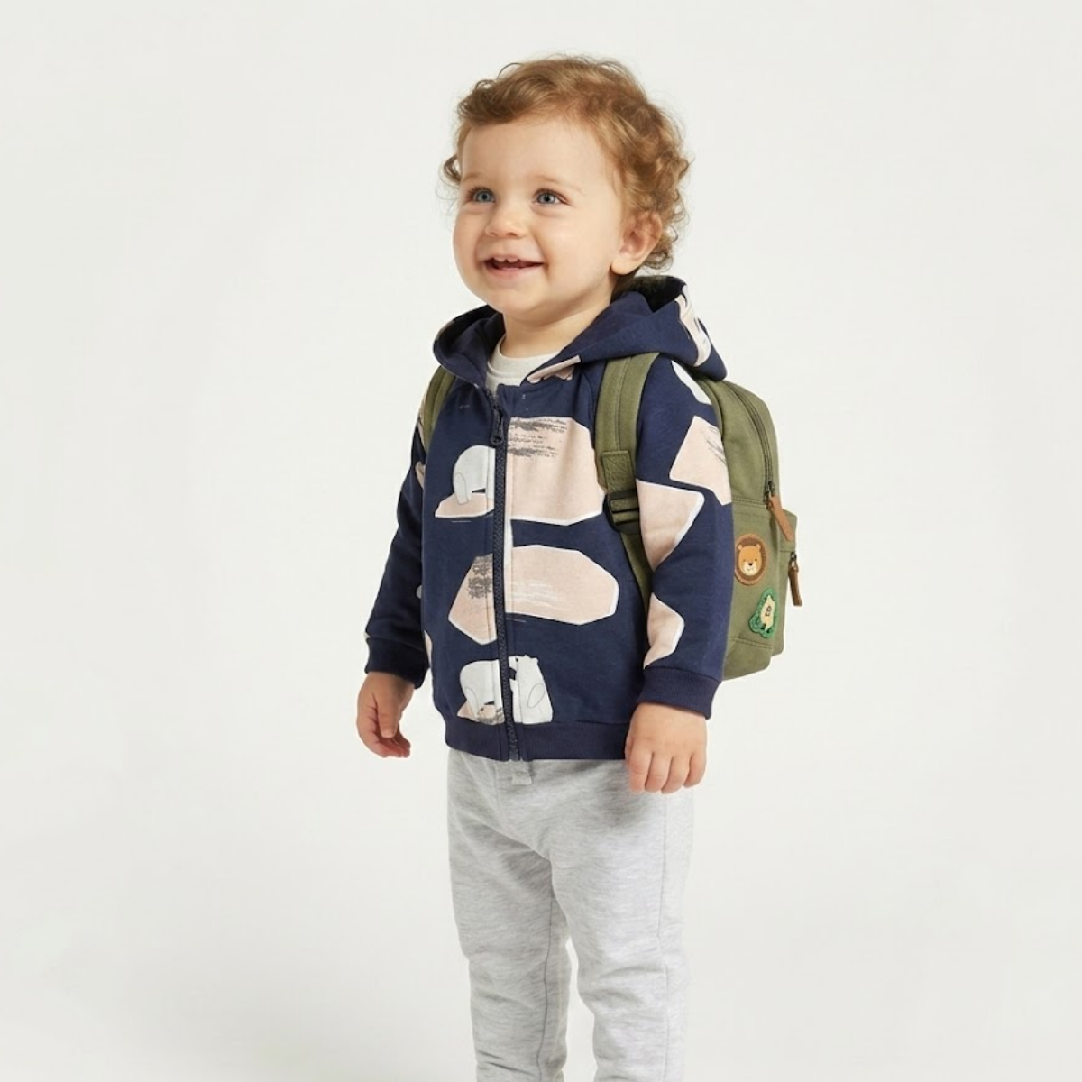 Baby Boys Animal Design Hooded Jacket, Navy and Beige