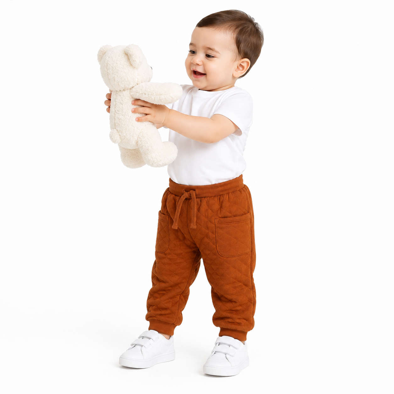 Baby Boys Rust Brown Cotton Jogger Pants Quilted Design Regular Fit Winter Kids Joggers