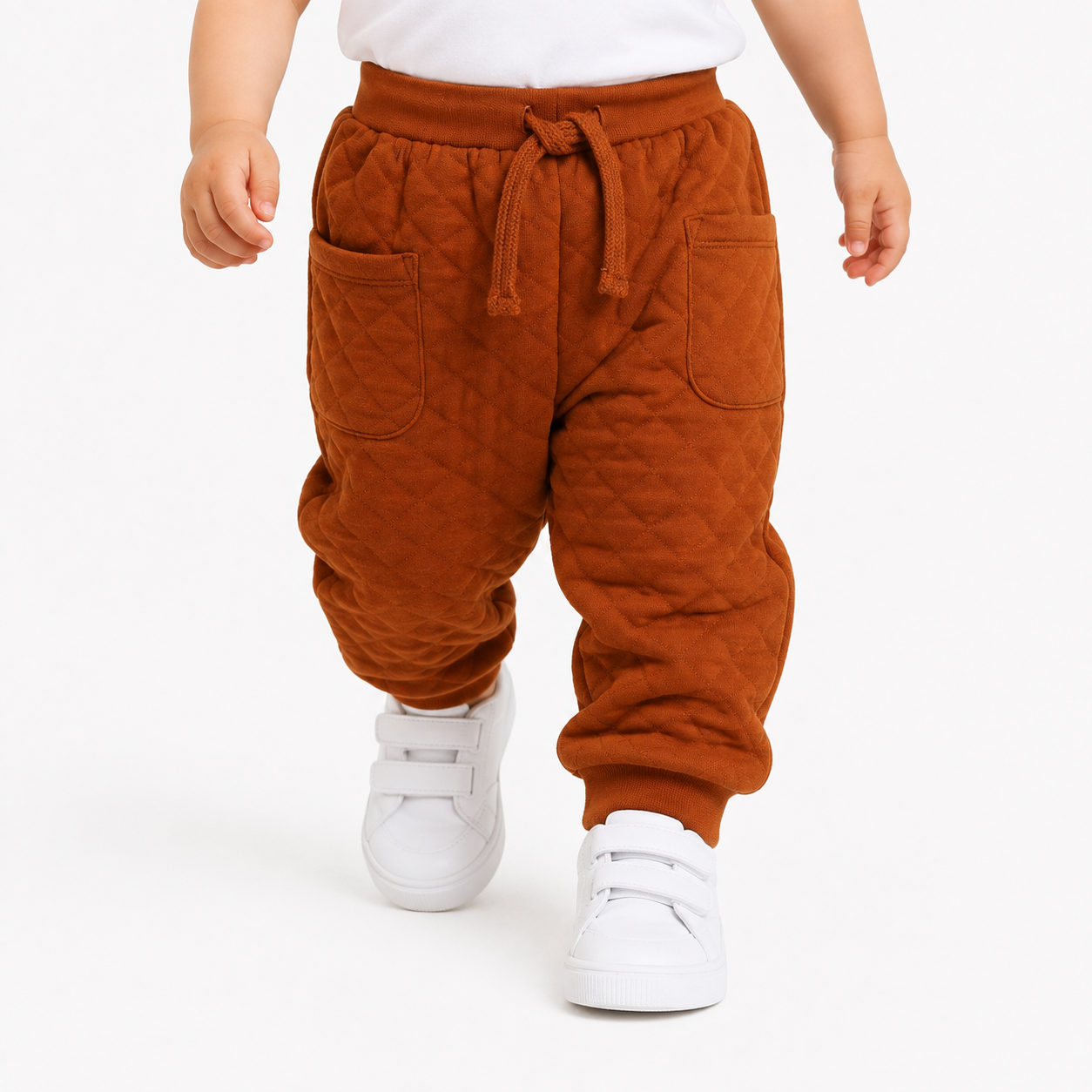 Baby Boys Rust Brown Cotton Jogger Pants Quilted Design Regular Fit Winter Kids Joggers