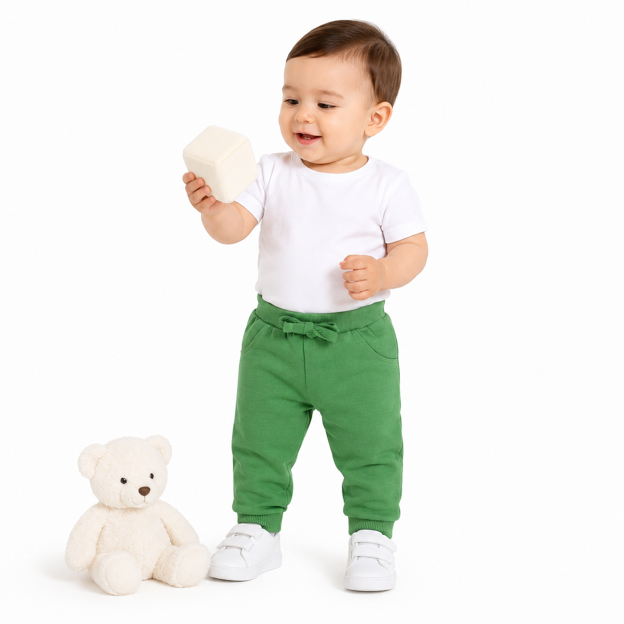 Baby Boys Green Cotton Jogger Pants Drawstring Waist Regular Fit Casual Kids Joggers